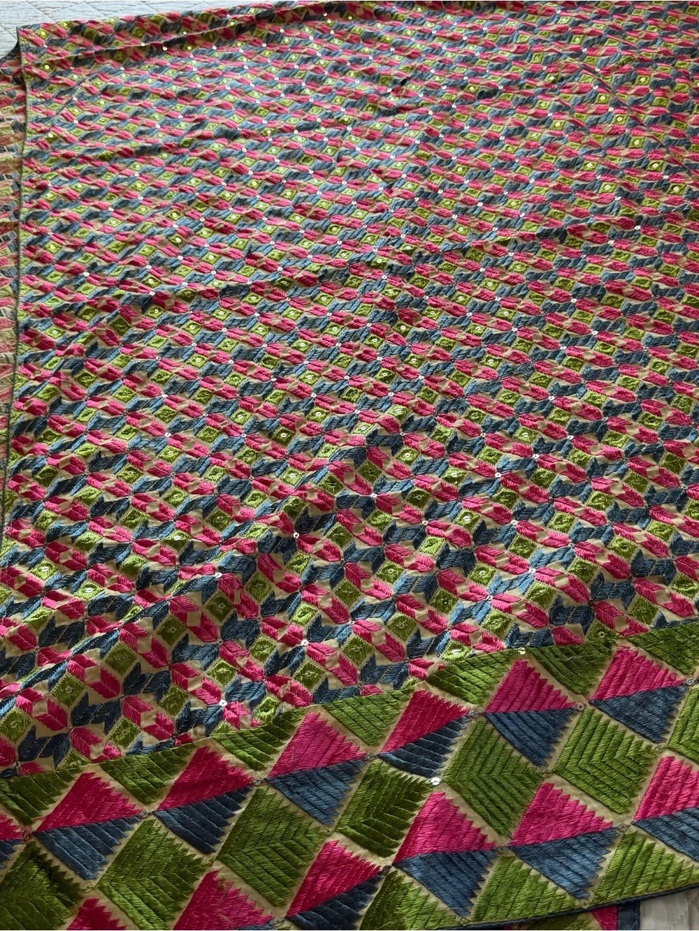 Vintage Embroidered Bed Runner Bed Scarf 37x92 Sequin Boho Textile Decor